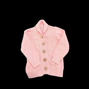 Girls 8–9yr  Zebra Fish Pink Cable Knit Cardigan Pockets Grandma Core Preowned